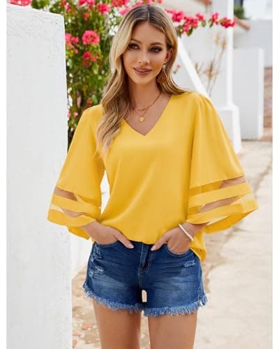 LookbookStore Women Vneck Mesh Panel Work T Shirts for Women V Neck Casual 3/4 Flared Bell Sleeve Blouse Dressy Casual Top Loose Business Office Blouse Tops Gold Lemon Size Large - Thumbnail 3