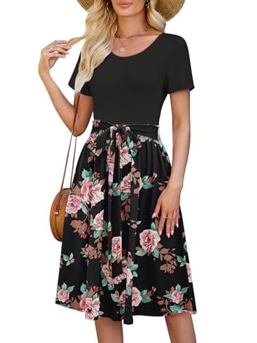 Heymoments Women Dresses Black Pink Floral Small Wedding Guest Crewneck Short Sleeves A line Casual Flowy Swing Cocktail Slimming Birthday Party Summer Travel Long Midi Dress with Pocket - Image 1