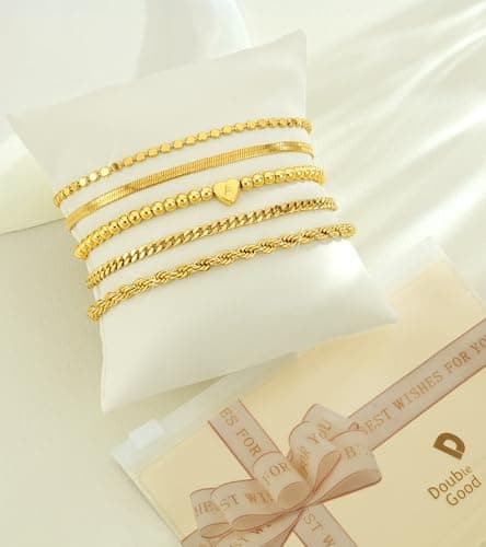 doubgood Gold Bracelets for Women Waterproof Stackable Heart Initial Charm Bracelets Set J Letter 14K Gold Plated Adjustable Chain Link Stack Jewelry Gifts for Women Mother's Day - Thumbnail 6