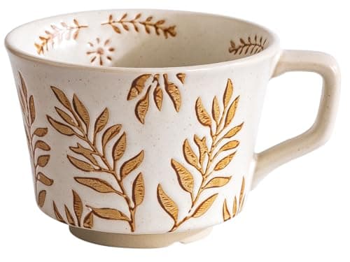 Tvvtuww Ceramic Mug 1pcs, 11oz - Vintage Coffee Mug, Pottery Cups for Milk, Latte, Cappuccino, Tea - Porcelain Dishwasher, Microwave Safe Stoneware 1 PCS Brown Leaf Cup - Image 1