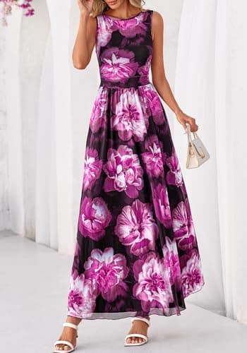 BTFBM Summer Dresses for Women 2026 Floral Maxi Dress Sleeveless Mesh Flowy Spring Wedding Guest Dress Long Sundresses(Black Flower, Large) - Thumbnail 6