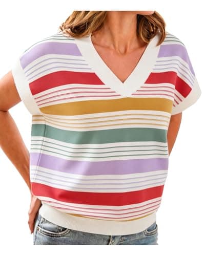 IEEILULU Womens Cap Sleeve Sweater Vest V Neck Striped Color Block Pullover Sweater Tops Trendy Vacation Outfits Summer Sweater Vests Multicolor XXL - Image 1
