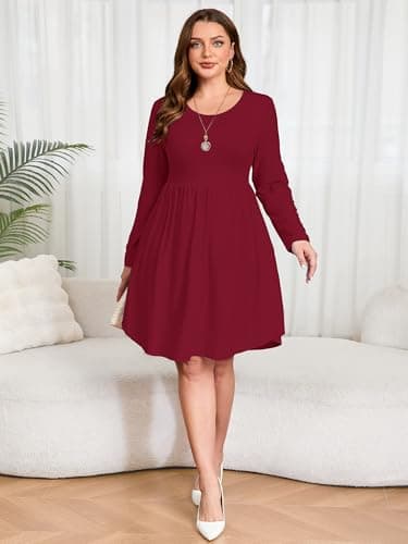 AusLook Women's Plus Size Long Sleeve Midi Dress Crewneck Casual Empire Waist Loose Flowy Dresses A-Line Boho Party 2025 Fall Winter Long Burgundy 4X Dress Vacation Outfit with Pockets - Thumbnail 5