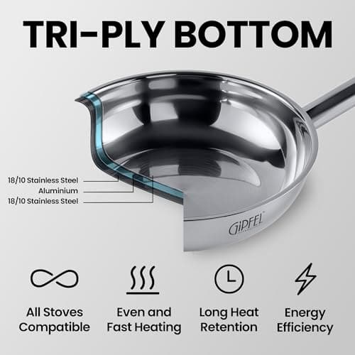 GIPFEL INTERNATIONAL 3 Piece Stainless Steel Frying Pan Set 8, 10, 12 Inch - Tri Ply Stainless Steel Skillet Healthy Cookware - Fry Pans for Induction Gas Electric Ceramic Stove & Oven Safe - Thumbnail 3