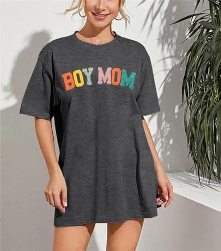 Oversized Mama Tshirt Women Boy Mom Shirt Mom Lift T-Shirt Gift for Mom Glitter Patch Shirt Causal Crew Neck Tops Dark Grey - Thumbnail 3
