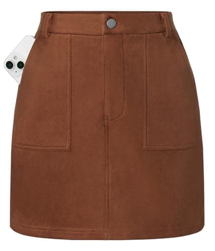Kate Kasin Dark Brown Suede Fall Skirts for Women 2026, Mini Pencil Skirt Tummy Control, High Waisted Skirt with Pockets S - Image 1