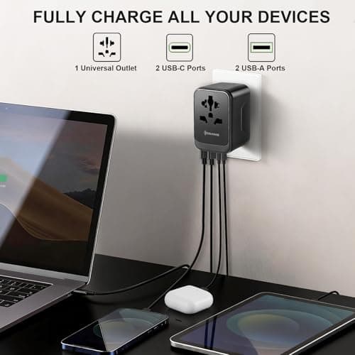 Realmade 45W Universal Travel Adapter with PD Fast Charging，lnternational Power Adapter 5-Port (1 AC/2 USB-A/2 USB-C) European Travel Plug Adapter, Travel Essentials (Black Gray) - Thumbnail 4