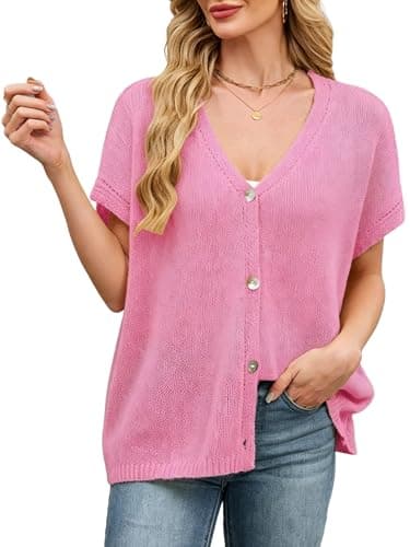 SunnyMelody Womens Oversized V Neck Batwing Cardigan Sweaters Top Baby Pink - Image 1