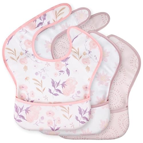 Civarua Kids 3-Pack Waterproof Baby Bibs for Eating - Mess Proof Lightweight Toddler Feeding Bibs with Large Food Catcher, Food-Grade Baby Eating Essentials, Easy to Put On & Clean(Light Pink Blossom)