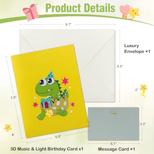 FaCraft Dinosaur Musical Birthday Cards for Kids - Music & Light 3D T-Rex - Thumbnail 6