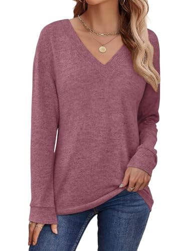 JUSTFASHIONNOW Women's Long Sleeve Tops V Neck Winter Shirts Boutique Tops for Women Trendy Blouses Dressy Casual T Shirts Fashion Winter Clothing (Wine Red,Small) - Thumbnail 4