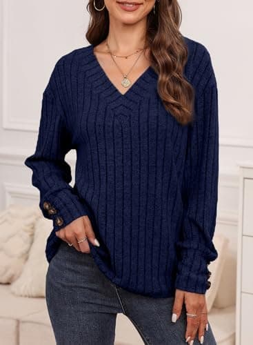 Dokotoo Long Sleeve Shirts for Women V Neck Cute Soft Solid Button Detail Tunic Womens Tops for Women Trendy Blouses Comfortable Oversized Sweaters Womens Clothes Plus Size Fall Fashion 2025 Blue S - Thumbnail 5