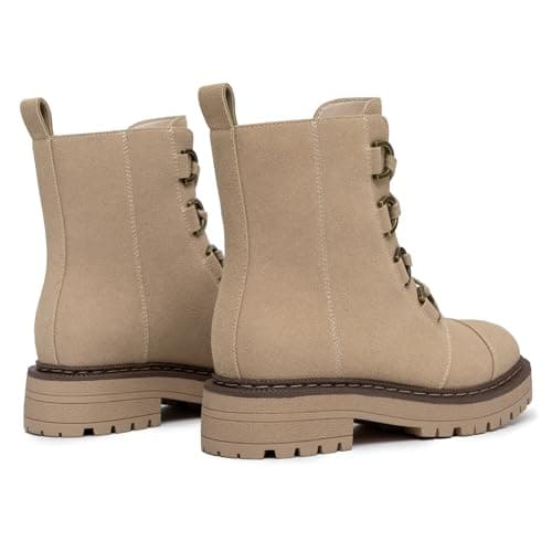 Athlefit Women's Combat Ankle Boots Platform Chunky Low Heel Boots Fashion Lug Sole Lace Up Taupe Booties Size 8 - Thumbnail 4