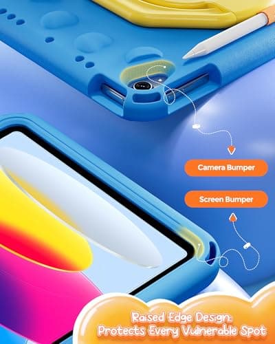 ProCase Kids Case for iPad A16 11th Gen/iPad 10th Gen 10.9 inch/iPad Air 11 inch M4 M3 M2/ Air 5th/ Air 4th, Shockproof Cover with Pencil Holder, Ring Stand Handle, Shoulder Strap -Blue & Yellow - Thumbnail 6