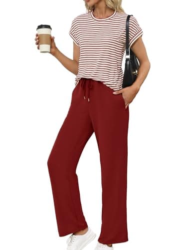 Glamaker Lounge Sets for Women 2 Piece Travel Outfits Short Sleeve Shirts Wide Leg Pants Casual Sweatsuits Tracksuit Sets Wine red L - Image 1