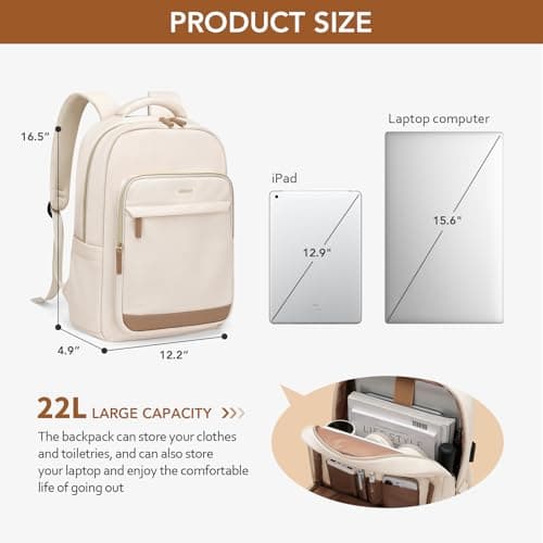 MDODO Laptop Backpack for Women,Travel Backpack with Laptop Compartment,Casual Daypack College Bookbag Computer Work Backpack,Beige - Thumbnail 2