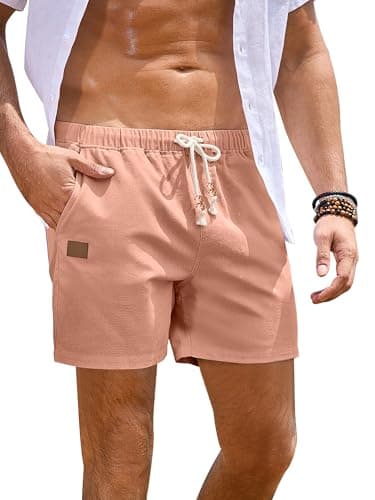 JMIERR Men's Casual Cotton Linen Shorts - Drawstring Summer Beach Stretch Golf Dress Short 5 inch Polo Shorts with Pockets Elastic Waist,3XL,B Pink - Image 1