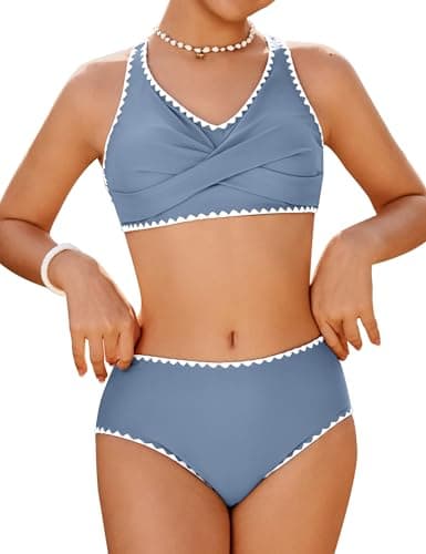 HOZIY Bikinis for Teens Girls V Neck Tie Back Whip Stitch Bikini Sets 2 Piece Bathing Suit Kids High Waisted Swimsuit Swimwear Size 12-14 Blue - Image 1