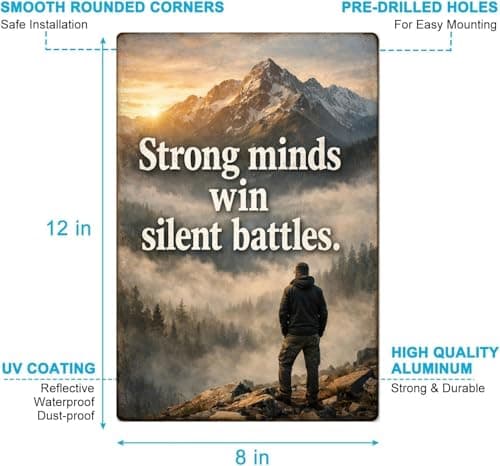 Strong Minds Win Silent Battles Tin Sign Inspirational Quote Metal Wall Decor Vintage Mountain Fog Artwork Motivational Rustic Plaque for Home Office Gym Man Cave Cabin Wall Art 8x12 Inch - Thumbnail 5