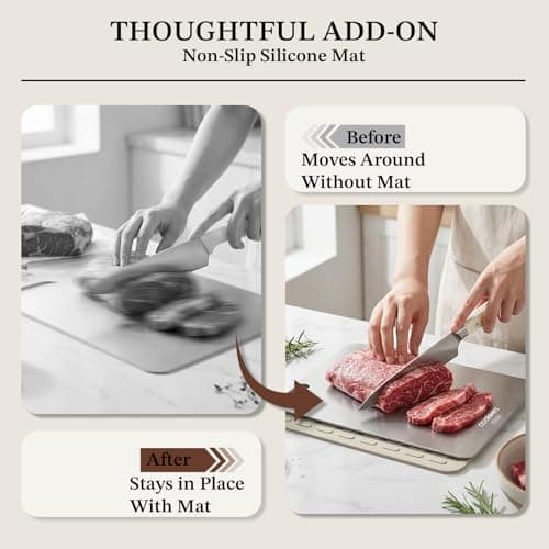 Cookeers Stainless Steel Cutting Board for Kitchen - 13.5"L x 10"W Upgraded Ultra-Thin Double Sided Chopping Board, Non-porous & Odor-resistant, Food Grade Kitchen Cutting Boards, Dishwasher Safe - Thumbnail 5