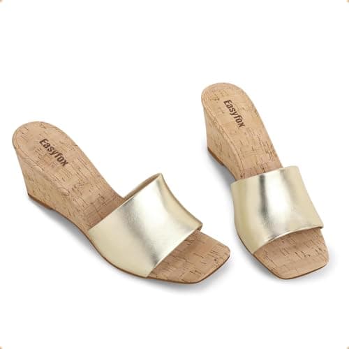 Easyfox Gold Sandals for Women Wedge Heel Sandals Open Toe High Heel Womens Sandals Wedge Heels Slip on Mules Heels Sandals Summer Dress Sandals Size 7 - Thumbnail 6