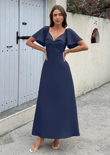 ECOWISH Womens Summer Maxi Dresses: 2026 Casual Flutter Short Sleeve Twist Front Long Flowy Wedding Guest Dress with Pockets 482Navy Blue S - Thumbnail 2