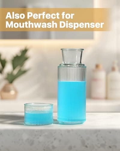DmmyAlzx Bedside Water Carafe and Glass Set, Classic Vertical-Striped 27oz Glass Carafe with 7.1oz Tumbler Lid, Nightstand Water Pitcher, Bathroom Mouthwash Dispenser, Elegant Gift for Home & Office - Thumbnail 6