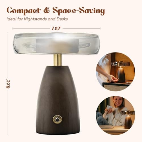 SEHNLICH Aesthetic Table Lamp for Living Room, Bedroom, Bedside, Nightstand Lamp with Wood Base, Stained Glass Shade, 3 Color Temperature, Vintage Retro Mushroom Mid Century Modern Lamp, Desk Decor - Thumbnail 5