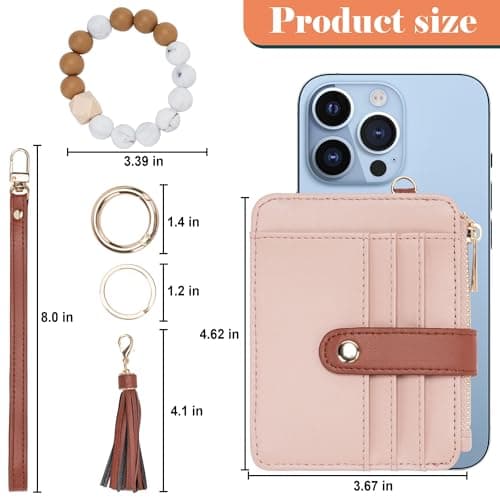 Airkit Wristlet Wallets for Women, Keychain RFID Blocking Credit Card Holder, Small Girly Wallet with Bracelet, Silicone Beaded Tassel Key Ring Card Holder, White& Brown - Thumbnail 2