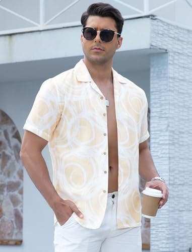 Damipow Linen Shirts for Men Hawaiian Shirt Short Sleeve Button Down Beach Vacation Shirt,Khaki,2XL - Thumbnail 2