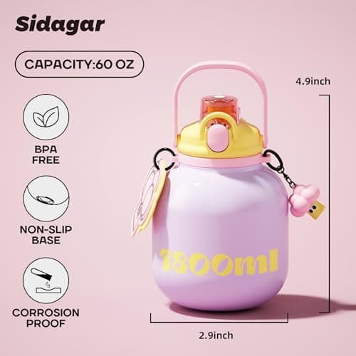 Sidagar 60 oz Big Gallon Water Bottle with Straw and Carry Handle, Purple Wide Mouth Vacuum Water Jug, Insulated Stainless Steel Bottles Easy Carry Tumbler for Women - Thumbnail 2