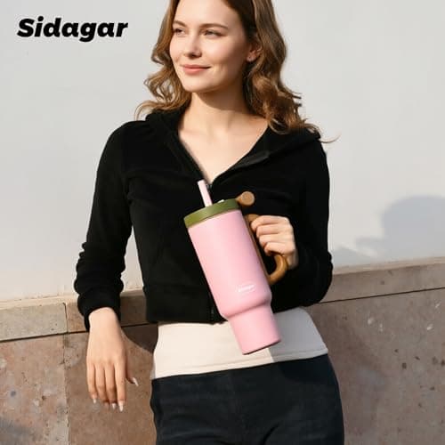 Sidagar Tumbler with Handle,36 oz Ceramic Lined Travel Mug Water Bottle with Straw,Vacuum Insulated Stainless Steel Cup with Lid,Fits Cup Holder, Leak Resistant Press-in Lid,Pink - Thumbnail 2