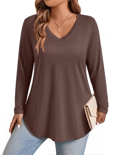 IN'VOLAND Plus Size Shirts for Women Casual Long Sleeve Tunic Top Brown - Image 1