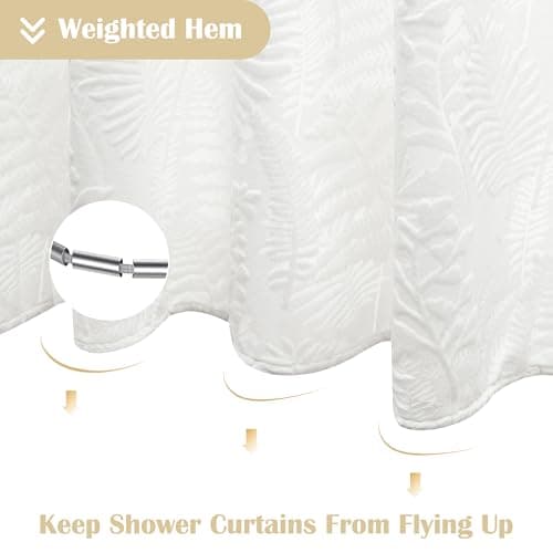 Lameirose Extra Long White Shower Curtain Fabric, Lace Shower Curtain 72 x 84 Tufted Tropical Plant Textured Shower Curtains Shabby Chic Home Decor for Bathroom - Thumbnail 5