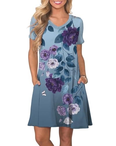 COSSEN Summer Dresses for Women Blue Purple Floral Print Medium Casual T Shirt Dress V-Neck Short Sleeves Birthday Party Summer Travel Beach Sundress with Pocket - Image 1