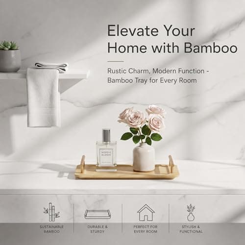 Bathroom Tray for Countertop Organizer,Bamboo Tray with Gold Handle,Vanity Tray Organizer,Multipurpose Organizer Rack for Lavatory, Restroom, and Bathroom Decoration(Original Color, 11"x6.3") - Thumbnail 2