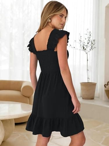 Caracilia Women Summer Casual Sleeveless Square Neck Sun Dress Smocked Ruffle Backless Boho Beach Vacation Cute Short Dresses Black Medium - Thumbnail 4
