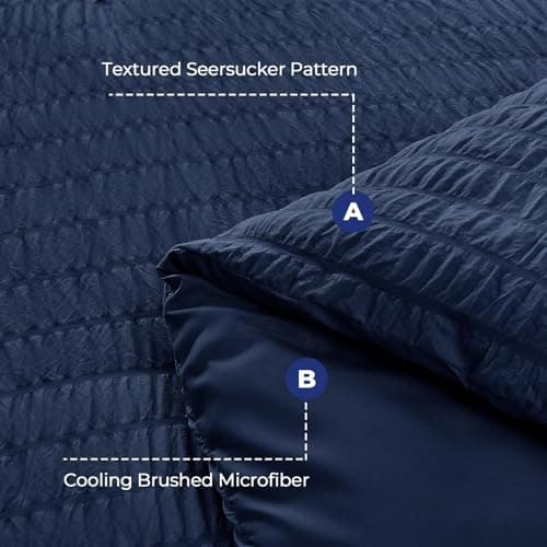 HYMOKEGE Navy Blue Queen Comforter Set Seersucker 7 Pieces, All Season Luxury Bed in a Bag for Bedroom, Bedding Set with Comforters, Sheets, Pillowcases & Shams - Thumbnail 5