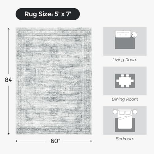 Carpelux 5x7 Washable Area Rugs for Living Room, Soft Faux Wool Carpets for Bedroom Dining Room, Neutral Vintage Distressed Non Slip Stain Resistant Grey White Rug for Home Office Decor - Thumbnail 2
