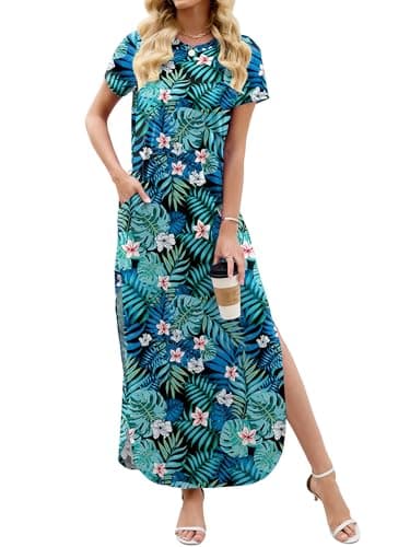 Heymoments Womens Summer Maxi Dress Floral Print Large Short Sleeve Casual Loose Fitted Long T Shirt Ladies Flowy Dresses Split Cute Vacation Party Beach Travel Elegant Sundress with Pockets - Image 1