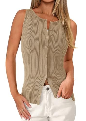 PRETTYGARDEN Sleeveless Button Down Shirts for Women Summer 2026 Going Out Ribbed Knit Tank Tops Y2K Clothes Trendy Vest Tops(Camel,Large) - Image 1