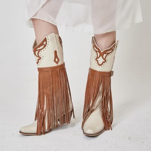 SaraIris Women's White Cowboy Boots Fringe Boots Knee High Cowgirl Boots Chunky Heel Western Boots Buckle Strap Fashion Pointed Toe Pull On Tassel Boots for Women Size 7.5 - Thumbnail 3