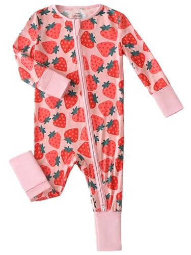 Joonberry Unisex Baby Bamboo Viscose Long Sleeve Romper, Cute Prints Zipper Footless Jumpsuit, Toddler One-Piece Outfits(Strawberry, 18-24M) - Image 1