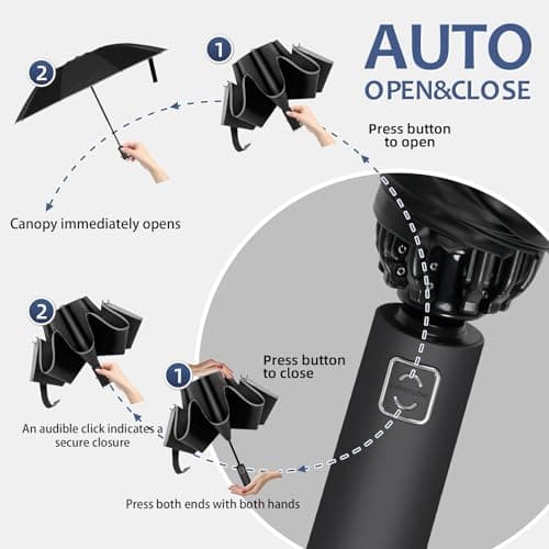 VOUUY 2-Pack 46 Inch Inverted Travel Umbrella, Compact Wind Proof Umbrellas For Rain and Sun Protection, Auto Folding Durable, Light & Portable for Women & Men, Fits Backpack & Cars, 10 Ribs - Thumbnail 3