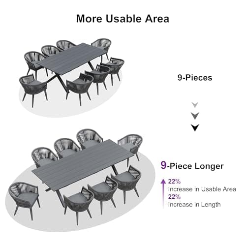 PURPLE LEAF 9 Pieces Outdoor Dining Set with Longer Aluminum Table, Grey - Thumbnail 4