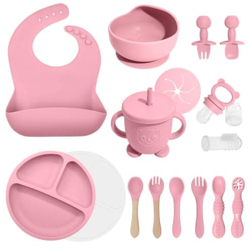 Baby Led Weaning Supplies, 17 Piece BPA-Free Silicone Feeding Set, Eating Essentials Baby Utensils with Suction Plate and Bowl, Pocket Bib, Sippy Cup with Lid, for 6+ Months, Pink - Image 1