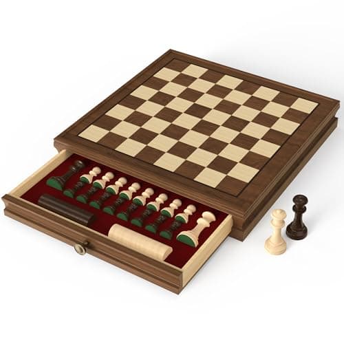 Premium Natural Walnut 13" x 13" Magnetic Wooden Chess Set with 1 Built-in Storage Drawers - 2 Bonus Extra Queens - 24 Checkers Pieces - Staunton Chess Pieces, Board Games Chess Sets