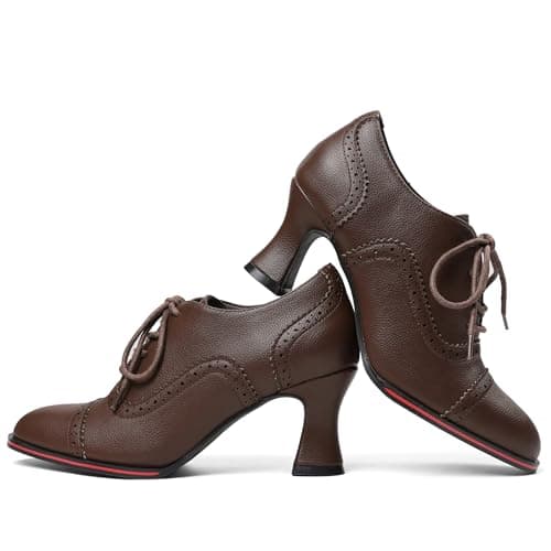 Yremael Women's Brown Oxfords Dress Wingtip Vintage Comfortable Chunky High Heel Lace Up Brogues Booties - Thumbnail 6