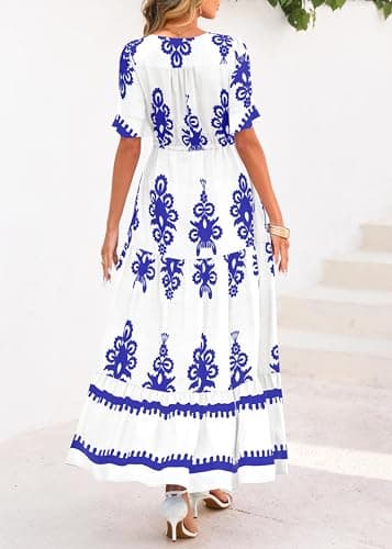 Lazysmile Summer Dresses for Women Short Sleeve V Neck Floral Drawstring Flowy A Line Boho Maxi Dress with Pockets White - Thumbnail 2