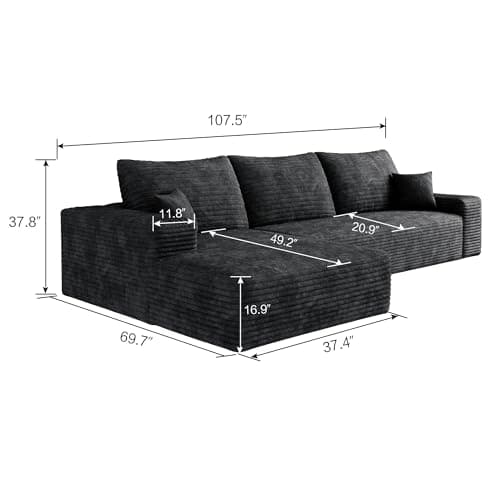 RENDGO 108" Cloud Boneless Sectional Couch for Living Room,Modular L Shaped Couch with Deep Seat Left Facing Chaise,Memory Foam Compressed Spineless 3 Seater Sofa for Apartment,Black - Thumbnail 2